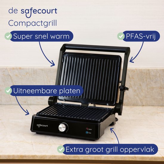 Safecourt Kitchen Toasted Sandwich Maker - Panini Grill und Toasted Sandwich Eisen - Abnehmbare PFAS-freie Platten & spülmaschinenfest - Große Grillfläche - Schnelle Hitze - Kontaktgrill - Schwarz