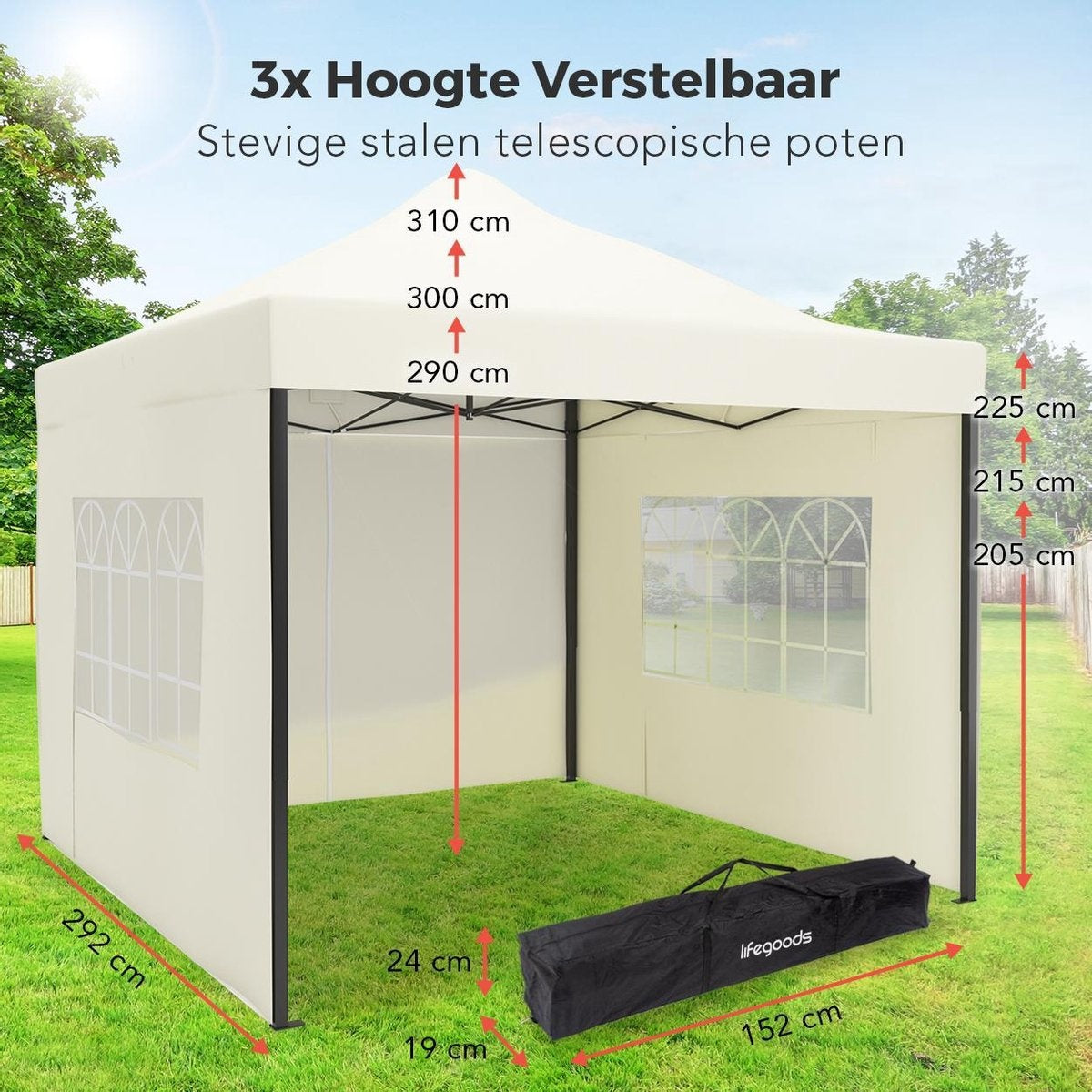 LifeGoods Partyzelt - Pavillon - 3x3 m - mit Seitenwänden - leicht aufbaubar - faltbar - wasserdicht - Tragetasche mit Rädern - Beige