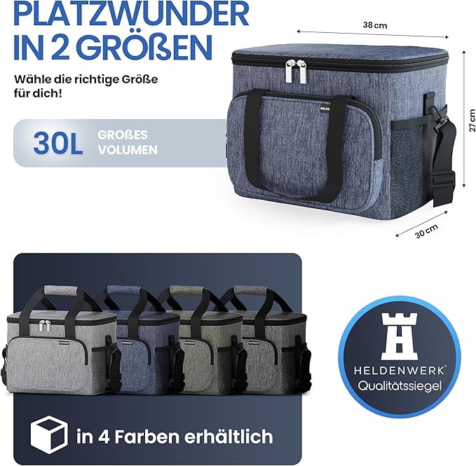 Heroism Große faltbare Kühltasche - Isolierte Kühltasche, Thermotasche, auslaufsicher und wasserdicht - Picknick- und Lunch-Tasche - 30 L - Dunkelgrau