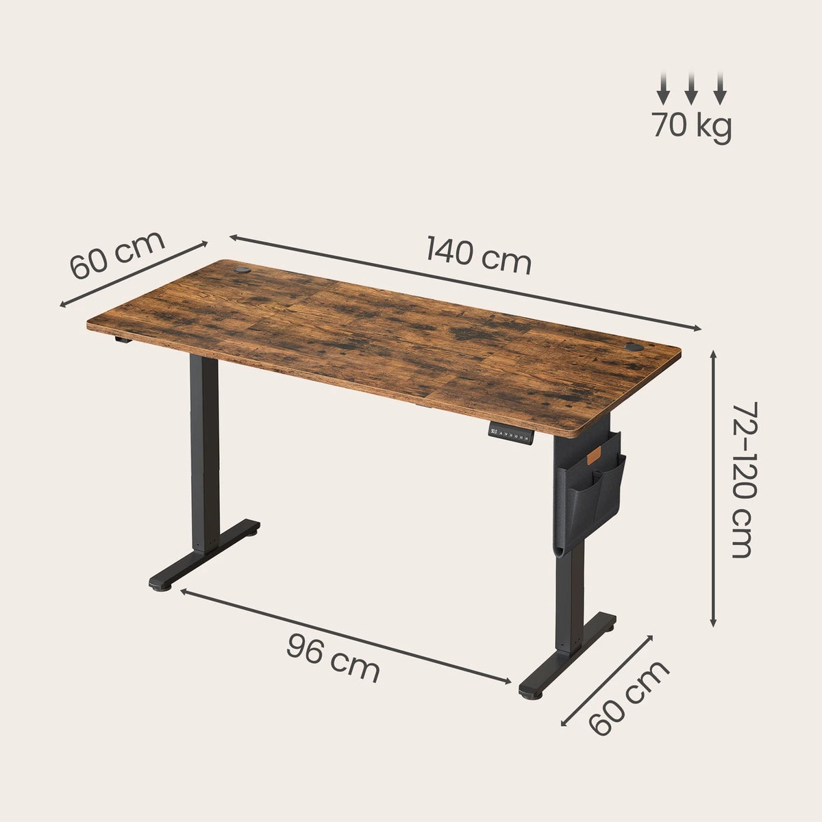 Joyfurnos Elektrischer Steh-Sitz-Schreibtisch 140 x 60 cm – Höhenverstellbar mit Speicherfunktion – USB-C – Braun