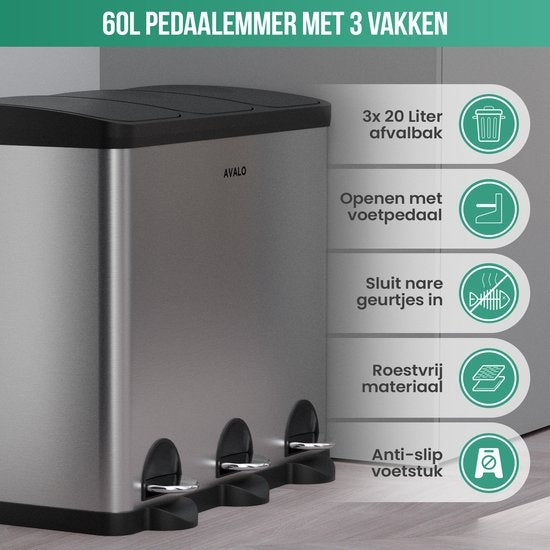 Avalo Mülleimer Abfalltrennung 60 Liter - Edelstahl Silber - 3 Fächer - Umweltbewusst, Hygienisch & Fingerabdruckfrei - Treteimer / Mülleimer