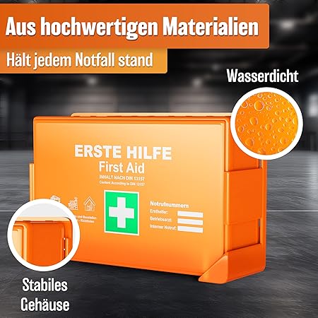 HELDENWERK Erste-Hilfe-Kasten Version 2026 [DIN 13157:2021] inkl. Wandhalter & 5 x Aufkleber | Verbandskasten für Büro, Haushalt und Gastronomie - Betriebsverbandskasten gefüllt, Sanitätsschrank