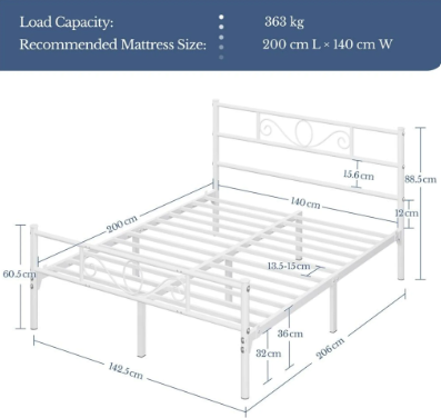 Yaheetech Metallbettgestell – Weiß – 206 x 142,5 x 88,5 cm – Matratze 140 x 200 cm – Mit Lattenrost