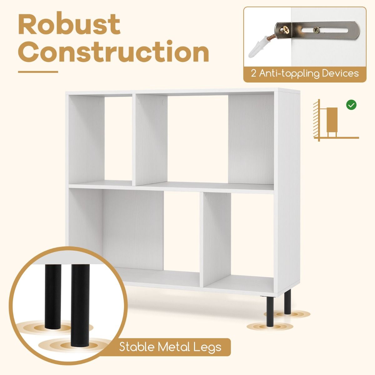 Coast 4-Cube Bücherregal 90 x 30 x 90 cm Weiß - 2-stufiges Regal mit Metallbeinen für Büro und Zuhause