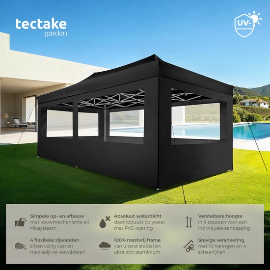 tectake® Faltpavillon – Zusammenklappbar und wasserdicht – Gartenpavillon mit 4 Seitenwänden – Inkl. Heringe, Abspannleinen und Tragetasche – Terrassenüberdachung, Partyzelt – 6 x 3 m – Schwarz