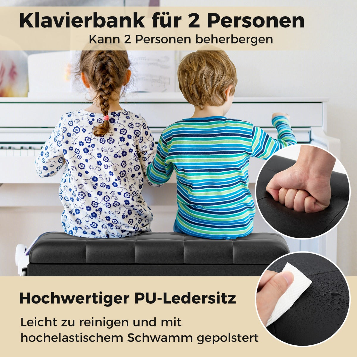 Verstellbare Duett-Klavierbank mit Ablage und wasserdichtem gepolstertem Kissen - 6 x 36 x 48-58 cm - Schwarz