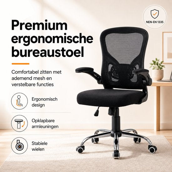 Infinity Goods Ergonomischer Bürostuhl – Office Chair – 4D-Lendenwirbelstütze & Netzbezug – Klappbare Armlehnen – Bis zu 150 kg – NEN-EN1335 – Schwarz