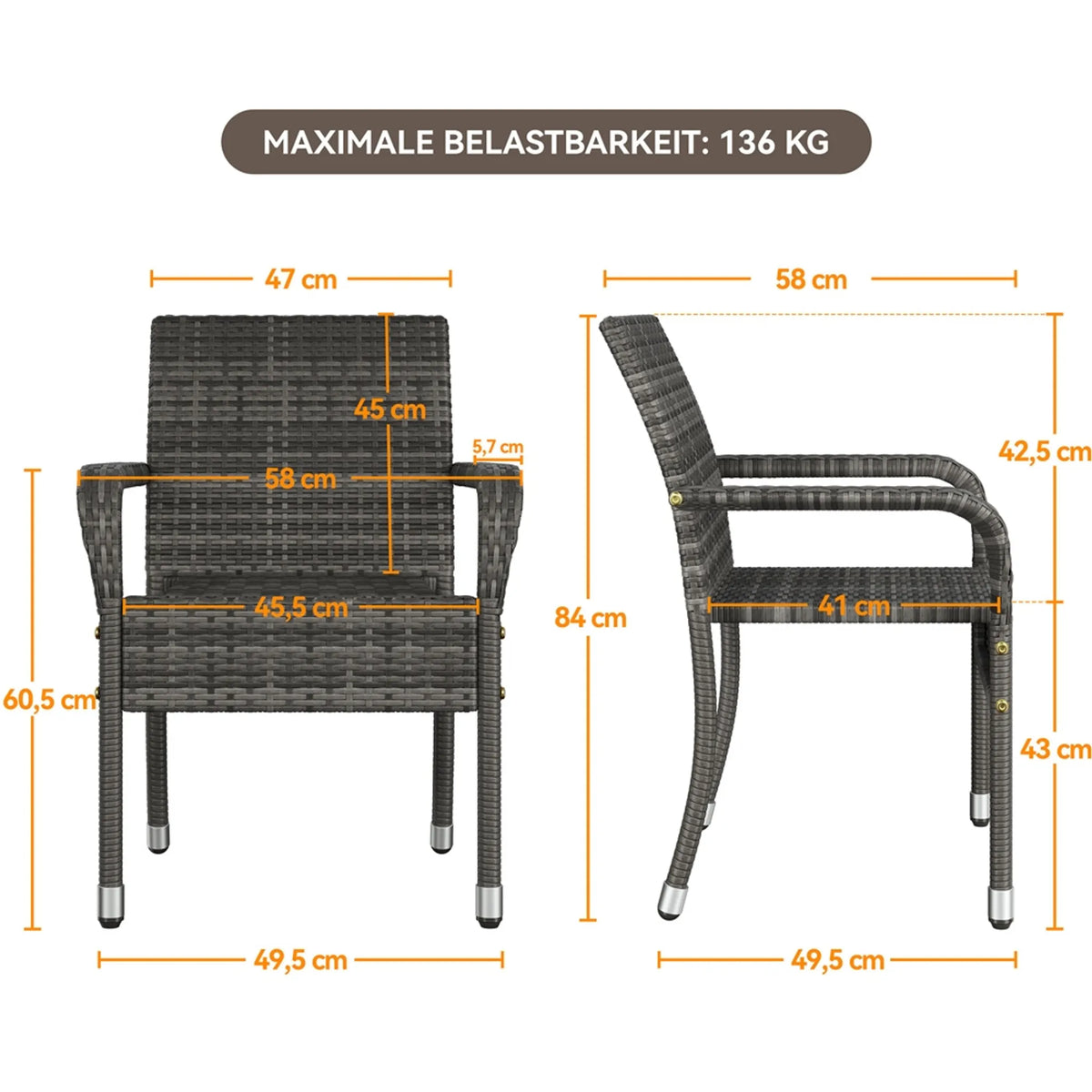 Yaheetech 2er-Set stapelbare Gartenstühle aus PE-Rattan, 58 x 58 x 84 cm – stilvolles Grau – Rattan und Metall