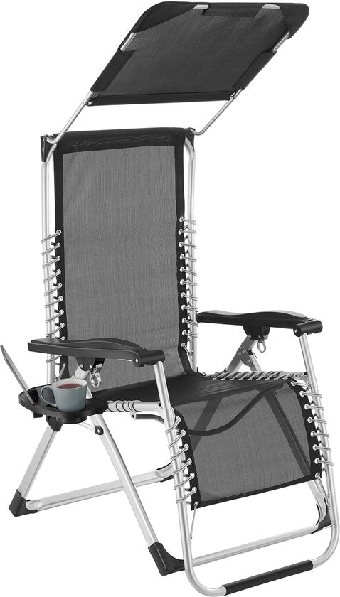 tectake® Klappbarer Liegestuhl Cloud mit Sonnenschirm - Gartenstuhl mit Tisch - Getränkehalter - stufenlos verstellbar - für Balkon, Camping oder Garten - Relaxsessel mit extra dickem Kissen - Strandkorb - Liege - verschiedene Farben - Schwarz