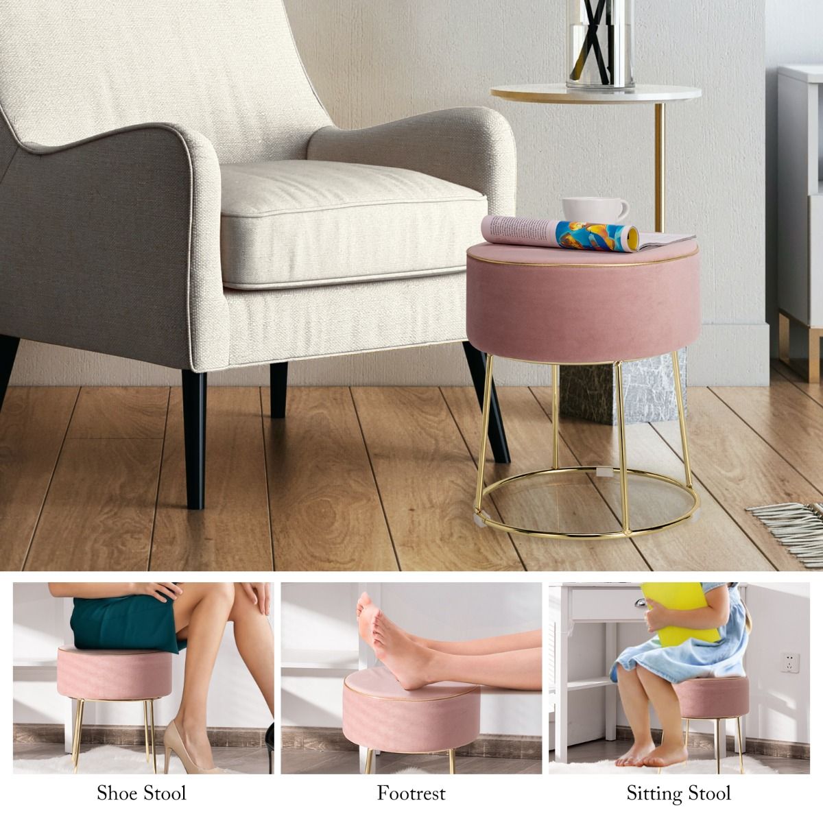 Coast – Runder Samt-Hocker mit Metallbeinen – Gepolsterter Make-up-Hocker – Belastbar bis 150 kg – 34 x 34 x 41 cm – Rosa