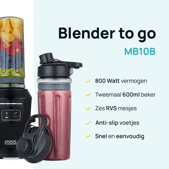 MOA Blender - Smoothie Maker mit 2 600ml Tritan Bechern - Mini Blender To Go - 800W - Edelstahl - Schwarz