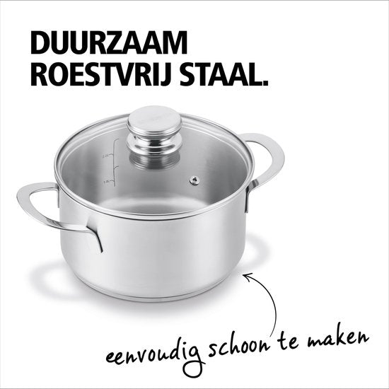 BRABANTIA ENJOYMENT Kochtopf/Pfanne – Ø 24 cm – Edelstahl – Glasdeckel – PFAS-frei – Für Induktionsherde geeignet