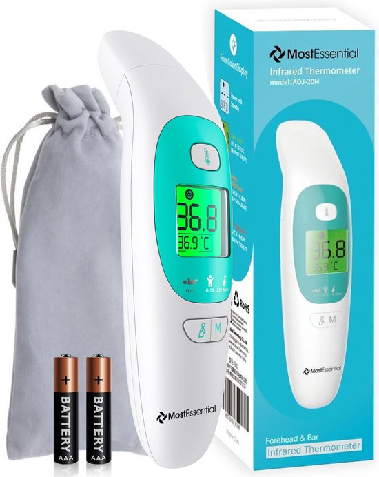 MostEssential Premium Fieberthermometer - Ohrthermometer - Infrarotthermometer - Stirnthermometer - Körperthermometer - Fieberthermometer für Erwachsene, Kinder und Babys - berührungslos - 20M