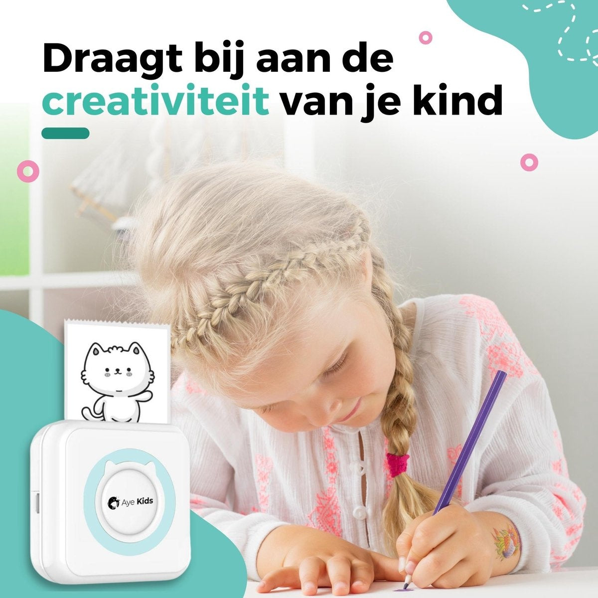 AyeKids Fotodrucker - Bluetooth - Kabellos - Inkl. 1 Rolle Fotopapier - Mini-Drucker - Taschendrucker - Blau