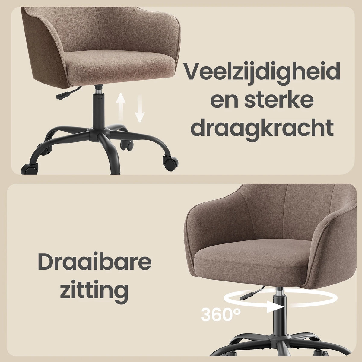 ochama Ergonomischer Bürostuhl – Verstellbar und drehbar – Atmungsaktiver Stoff – 64 x 64 x 78–88 cm – Braun