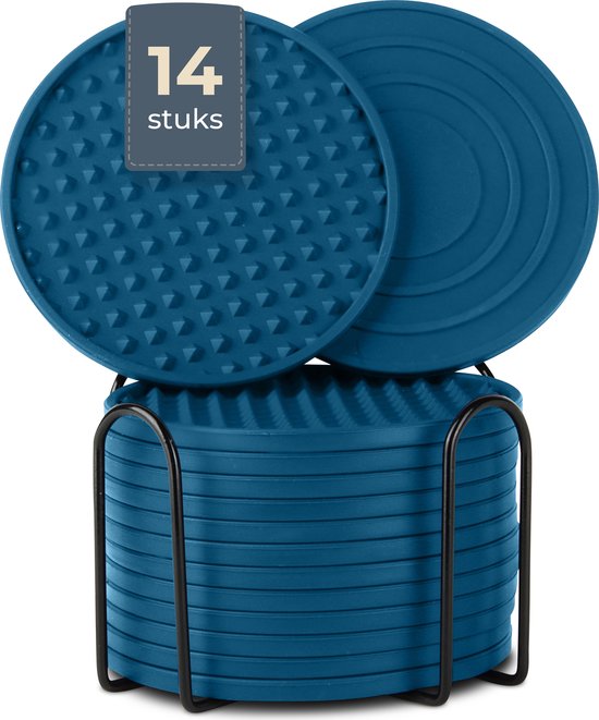 Castagnola Silikon-Untersetzer - Untersetzer für Gläser - Design-Untersetzer mit Halter - Untersetzer-Set - Anti-Rutsch - 14er-Set - Blau