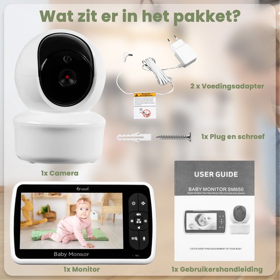 Saaf Babyphone - Inkl. Kamera und Monitor - Steuerbar/neigbar - Sprechfunktion - 5" Bildschirm