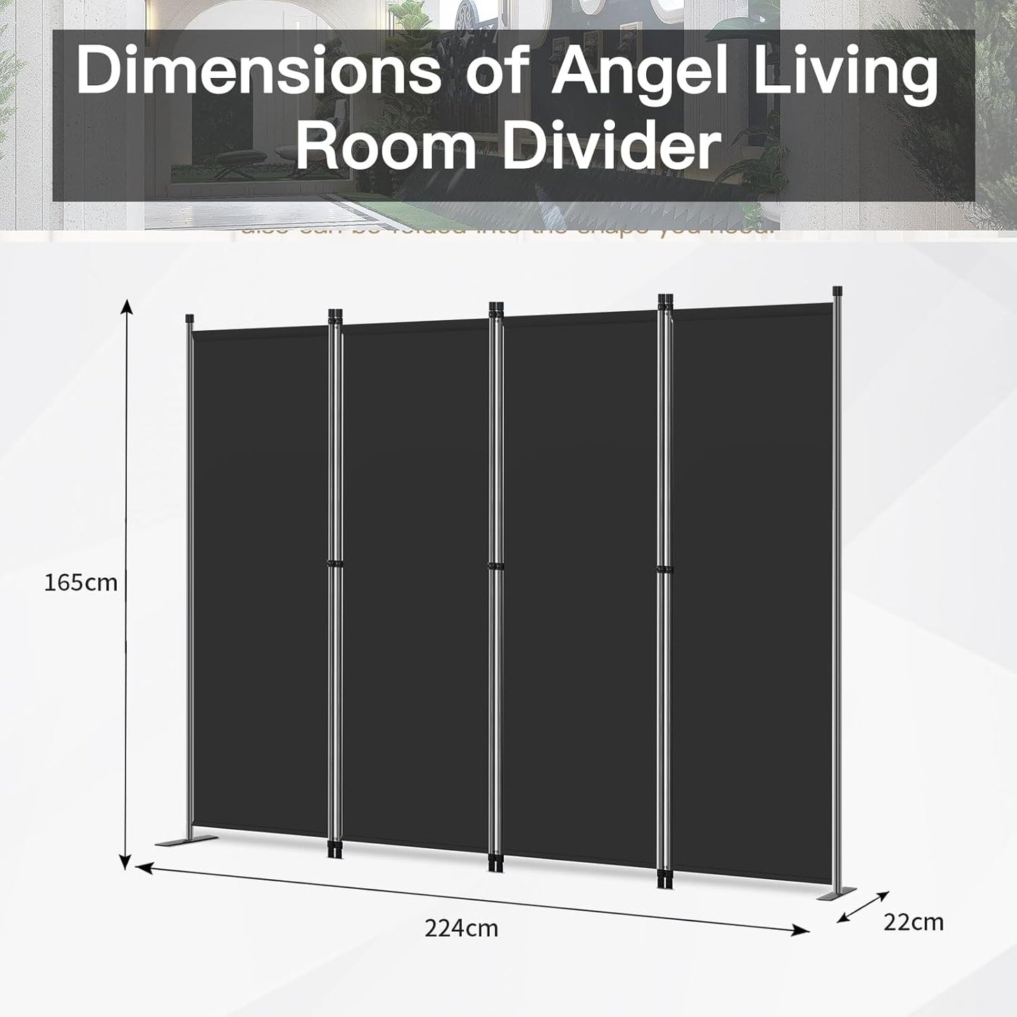 Angel Living Chamber Screen - 4-teilig - 224x165 cm - faltbar - Stahl & Polyester - Raumteiler & Sichtschutz - Schwarz