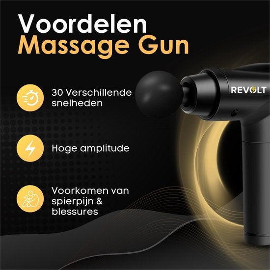 Revolt - Massagepistole - 30 verschiedene Geschwindigkeiten - 6 Aufsätze - Deluxe-Aufbewahrungskoffer - Deep Tissue - für Muskelerholung & Verletzungen - hohe Amplitude