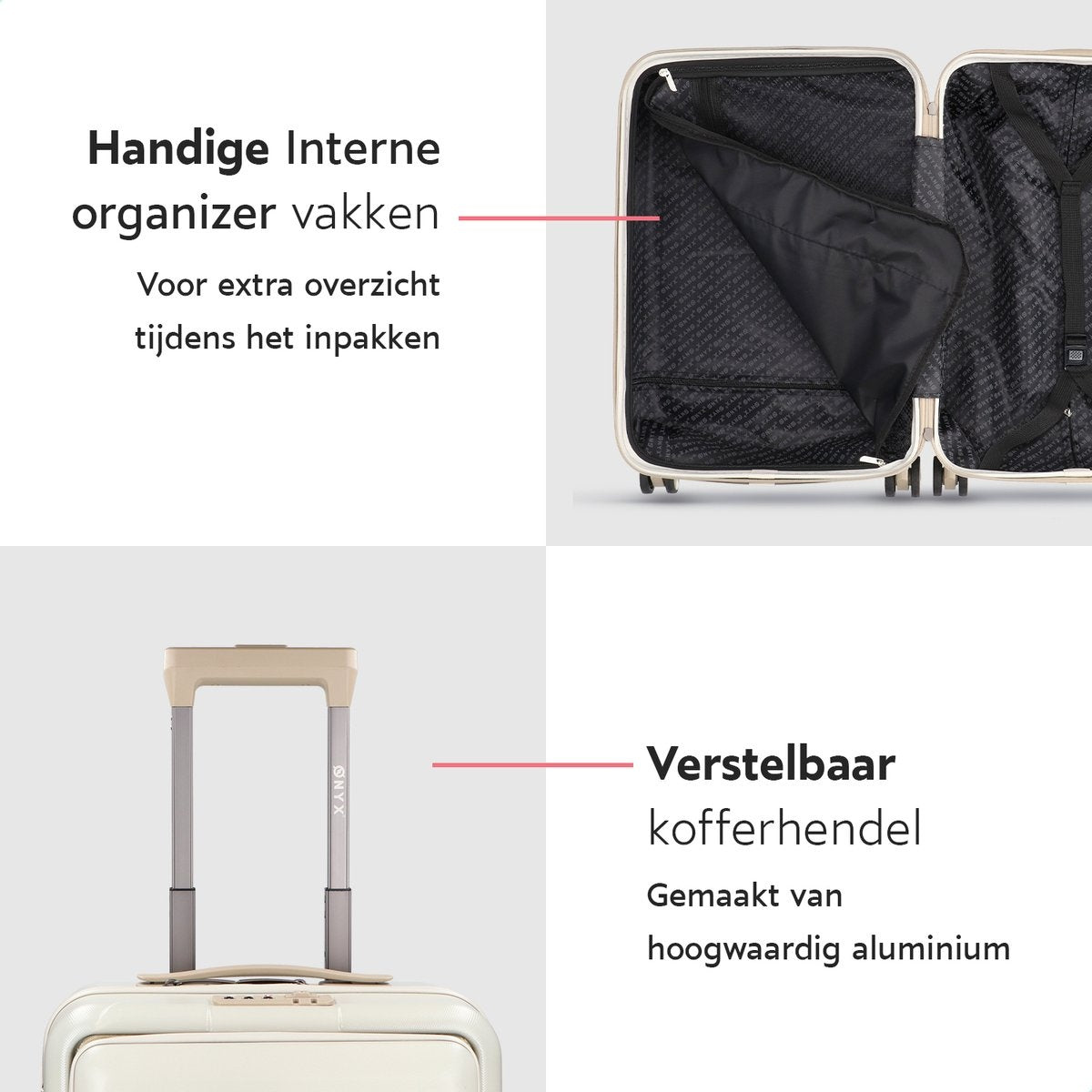 ONYX® - Handgepäck Koffer 35 L - Leise Spinner-Räder - Leichter Trolley - Doppeltes TSA-Schloss - Praktische Fronttasche - 55 cm - Beige