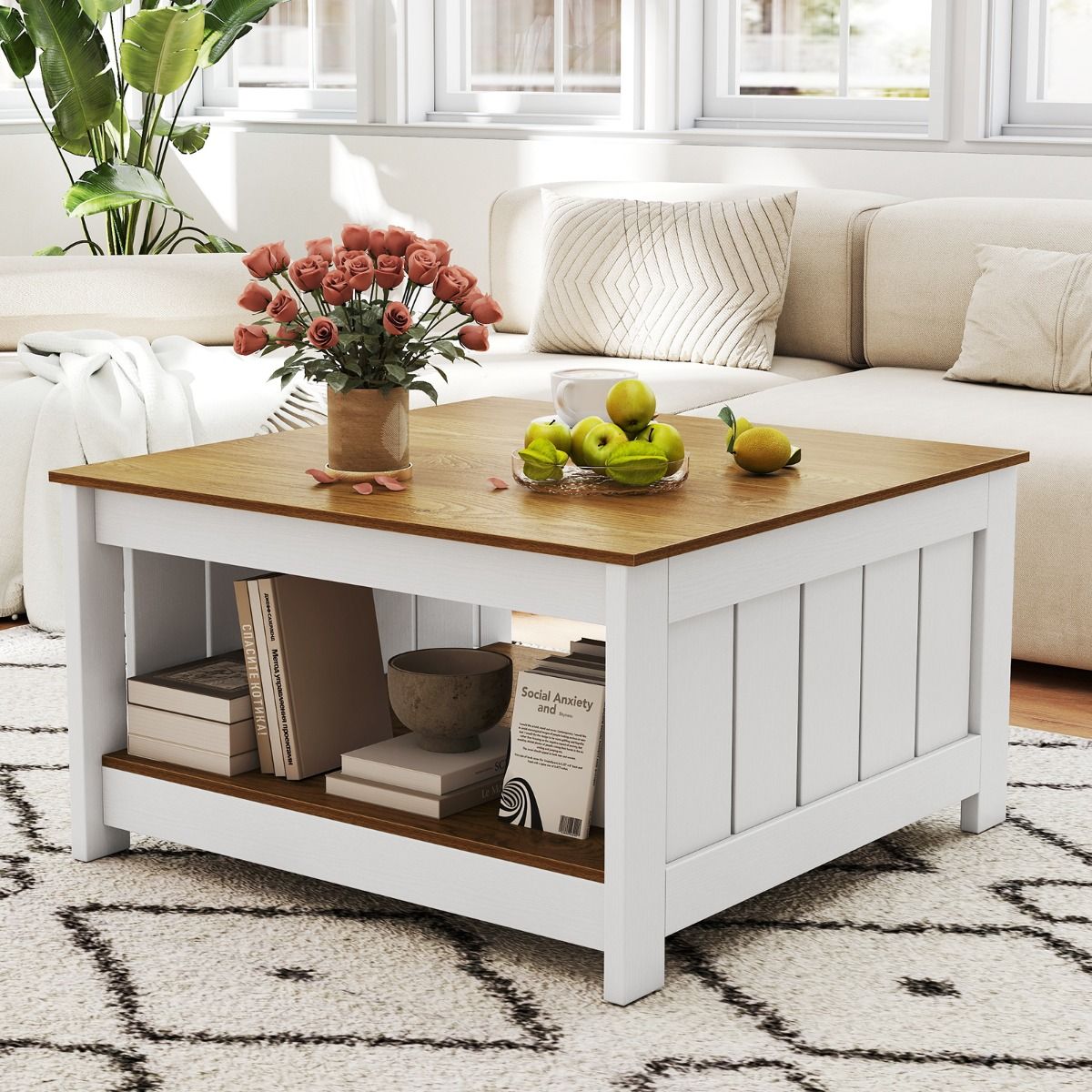 Coast Couchtisch aus Holz – 2-stöckig – Stauraum – Natur und Weiß – 80 x 80 x 45 cm