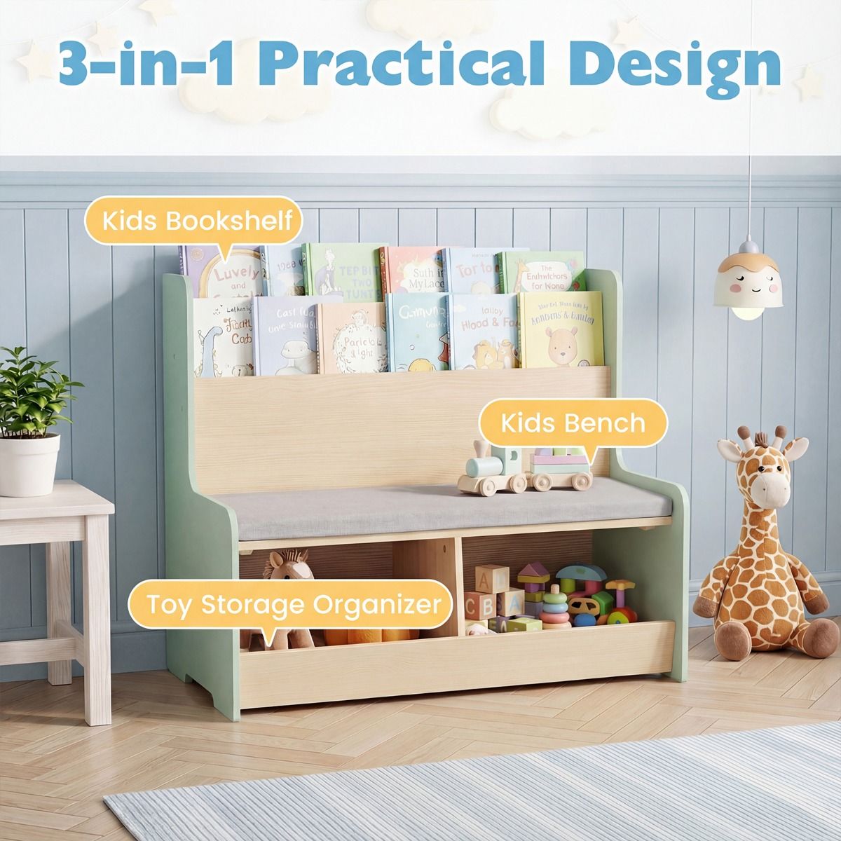 Kinderkraft 3-in-1-Kinderbücherschrank mit Sitzbank – Spielzeugaufbewahrung und Leseecke – 80 x 48 x 74,5 cm – Weiß/Grün