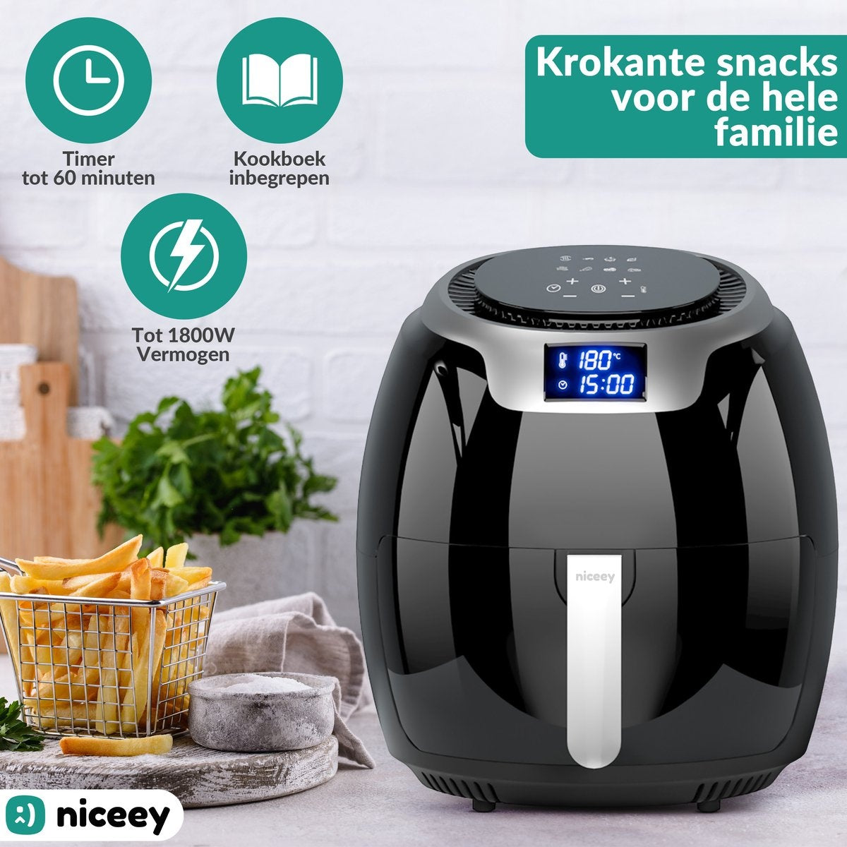 Niceey Airfryer XXL - Heißluftfritteuse - 8L - 1800W - Schwarz