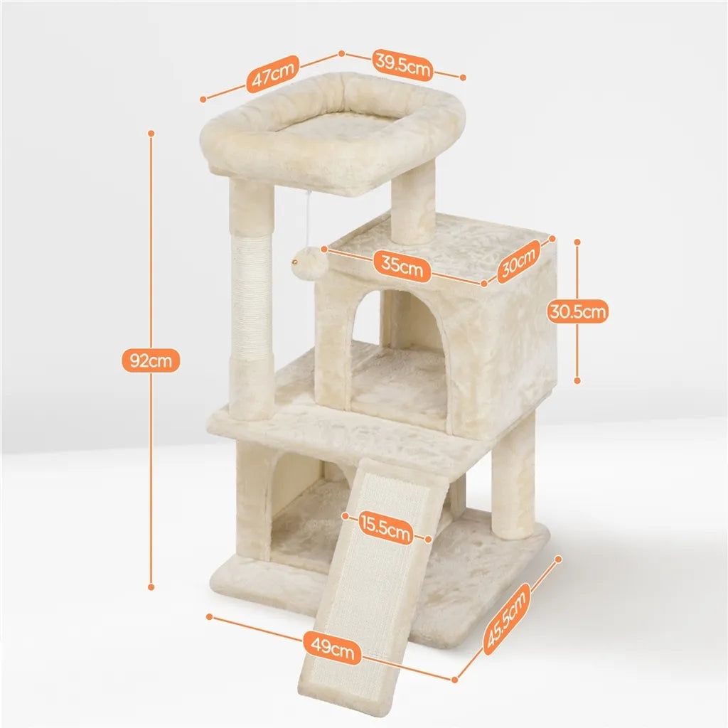 Yaheetech Katzenpfosten Beige - 91 cm hoch - mit 2 Katzenhäusern, Sisalkratzern und Spielball