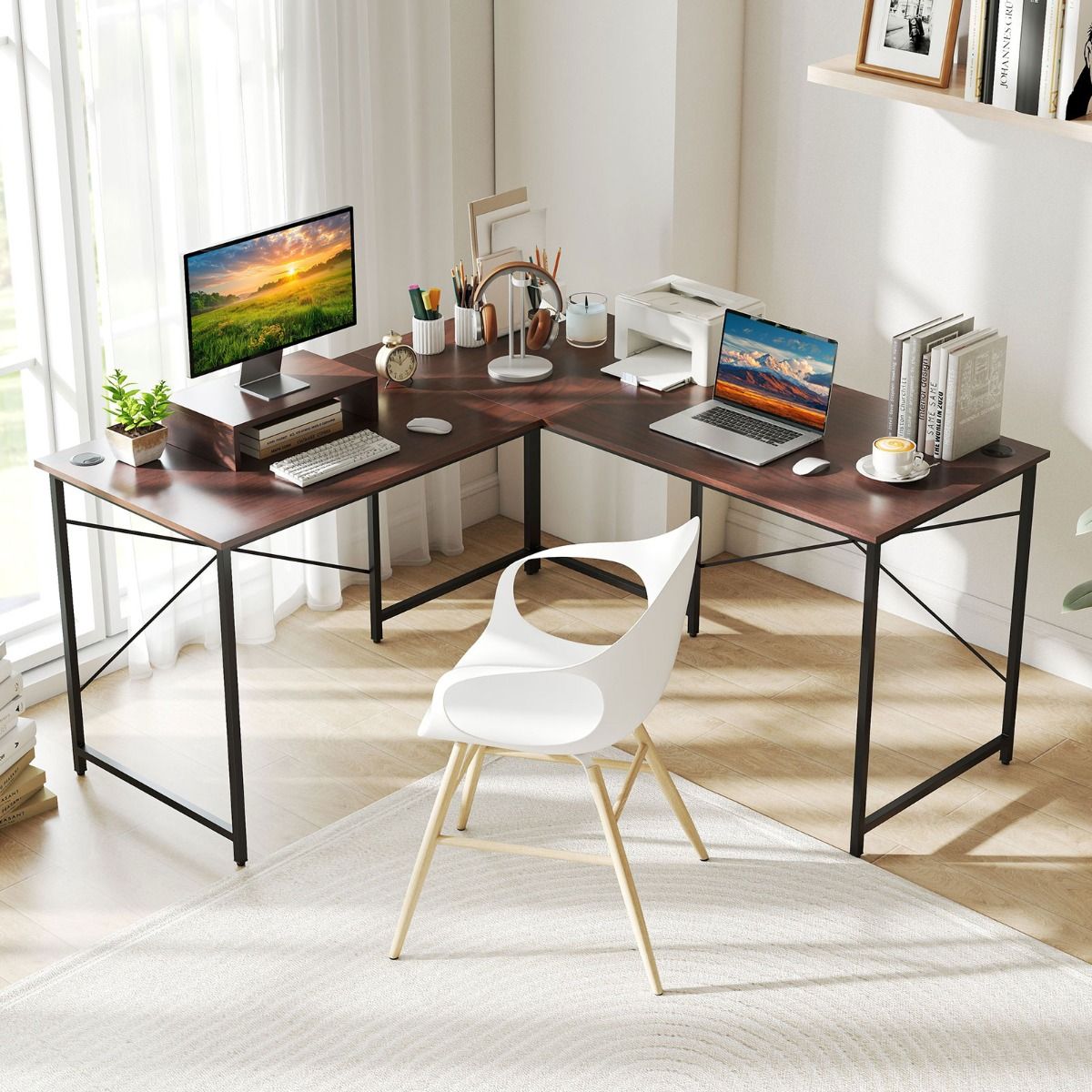Coast Eckbüro L-förmig, beidseitig nutzbar – integrierte Steckdose – verstellbarer CPU-Halter – dunkelbraun