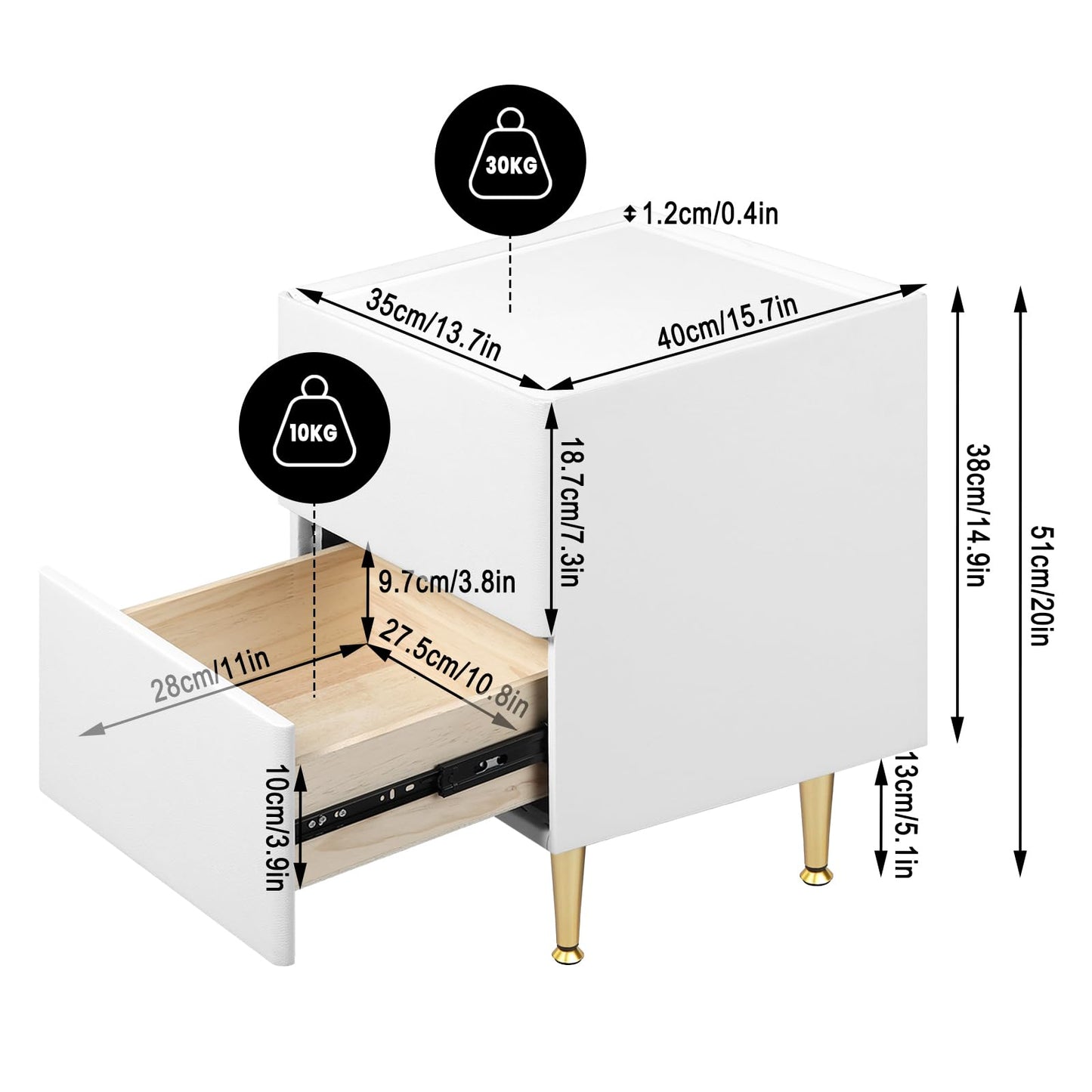WOLTU NTS10ws03 Nachttisch – 2 Schubladen – Hochglanzweiß mit Gold – 35 x 40 x 51 cm – Holz, PVC und Metall