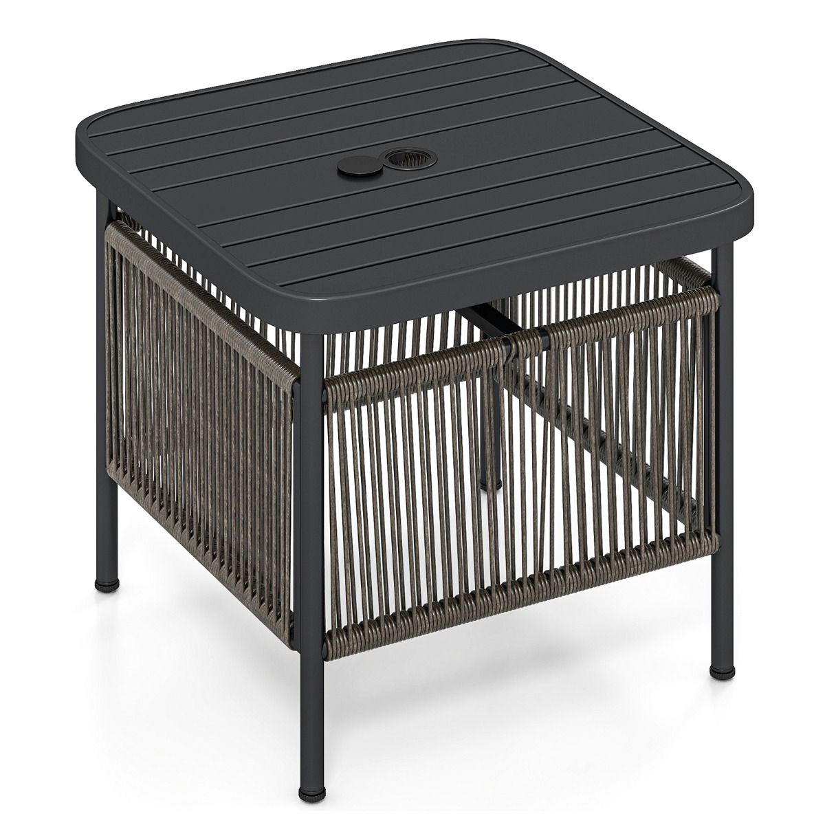 Coast Beistelltisch für den Außenbereich – wetterfestes Rattan – mit Sonnenschirmloch – schwarz – 56 x 56 x 49 cm