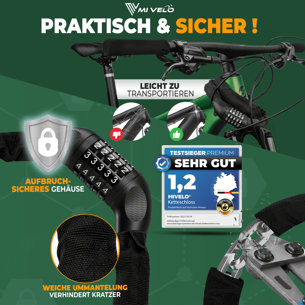 MIVELO Fahrradkette - Mit Zahlenschloss - 90 CM - Stahl - Schwarz