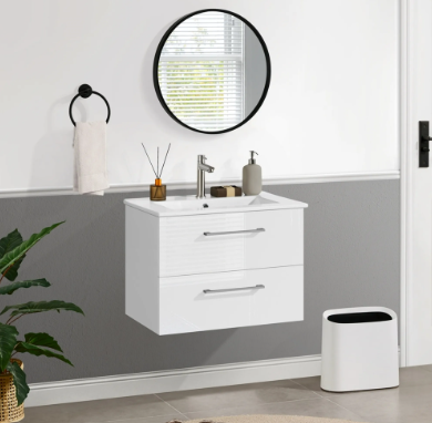 Yaheetech Badezimmerschrank mit Waschbecken – Weiß Hochglanz – 61 x 39,5 x 45,5 cm – Wandmontage, 4 Schubladen, Keramik-Waschbecken
