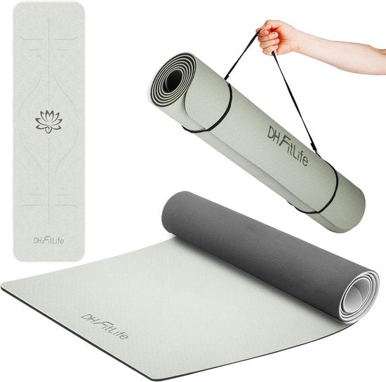 DH FitLife Yogamatte aus TPE, 183 x 61 x 0,6 cm, Fitnessmatte, Trainingsmatte beidseitig rutschfest & umweltfreundlich, Fitnessmatte mit Orientierungslinien (Grau)