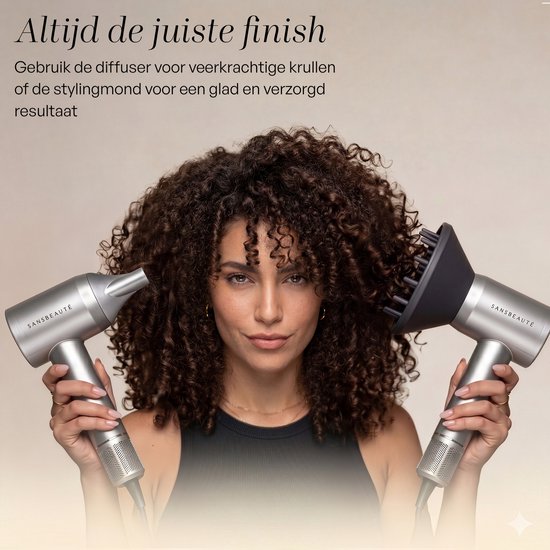 Sansbeauté® Haartrockner mit Diffusor – Locken – 110.000 U/min - Ionen-Haartrockner mit Bürste – 3 Stufen – 3 Aufsätze – Reisehaartrockner – Sèche Cheveux – Locken-Haartrockner-Set – Haartrockner mit Diffusor – Hair Blow Dryer – Friseur-Haartrockner – 200
