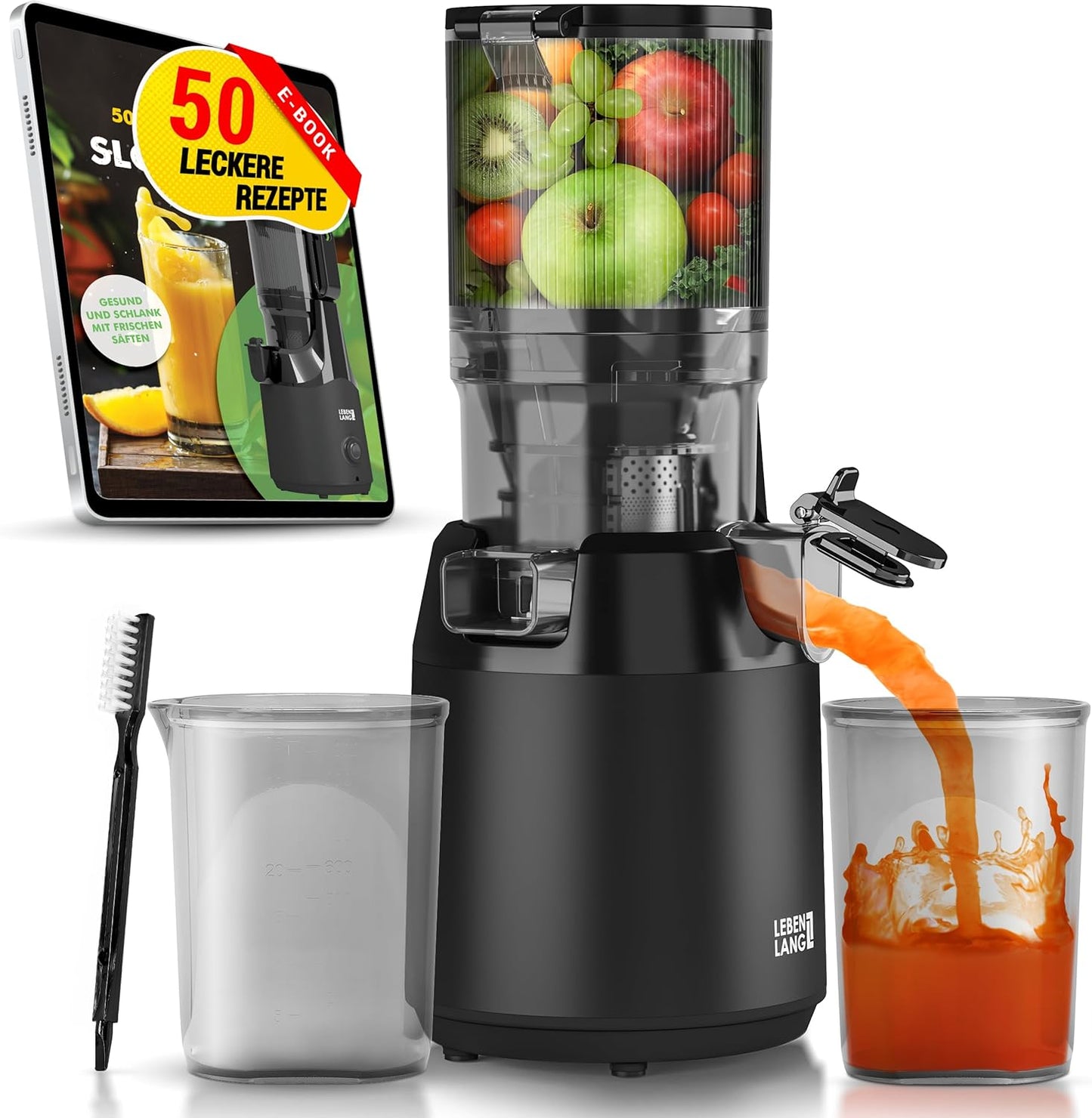 Lebenlang Entsafter - Einfache Reinigung und Montage - 250 W - BPA-frei - 20 x 44 cm - Schwarz