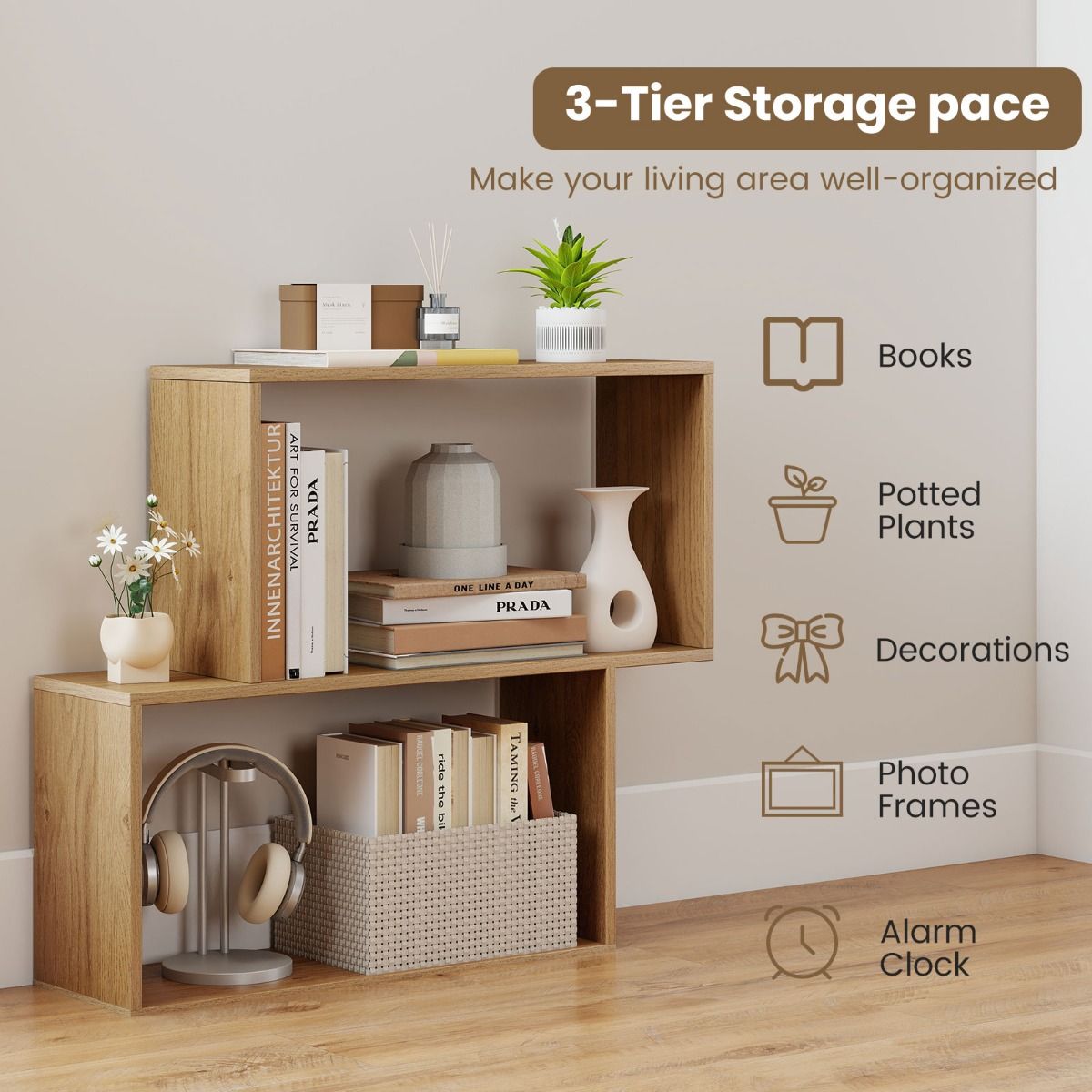 Coast Bücherregal – 3-stöckiges geometrisches Design – 2 würfelförmige Fächer – Naturholz