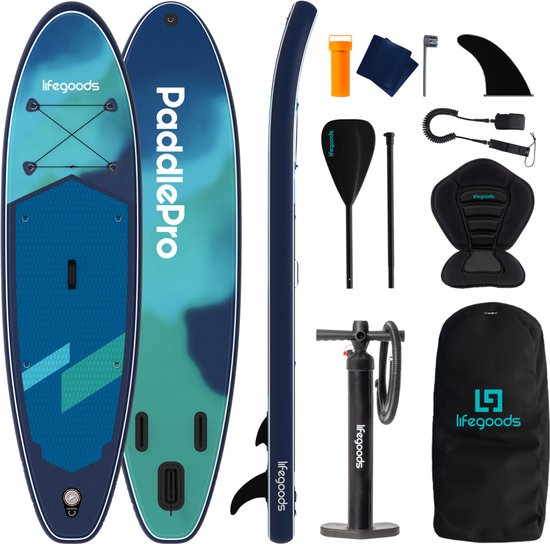LifeGoods SUP-Board Allround Compact – mit Sitz – 100 kg Tragkraft – 300 x 76 cm – aufblasbar – komplettes SUP-Set – Blau/Grün