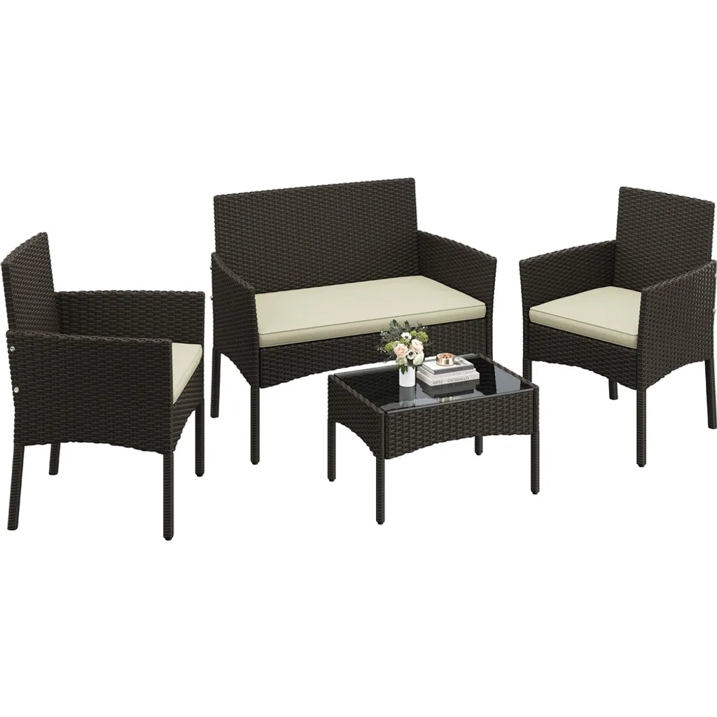 Yaheetech Polyrattan-Lounge-Set, 4-teilig – Braun/Beige – Gartenset mit 2-Sitzer-Sofa, 2 Stühlen und Tisch