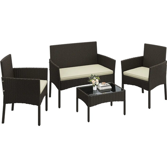 Yaheetech Polyrattan-Lounge-Set, 4-teilig – Braun/Beige – Gartenset mit 2-Sitzer-Sofa, 2 Stühlen und Tisch