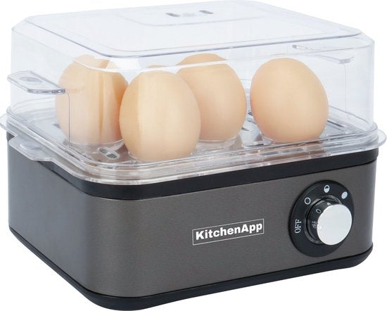 KitchenApp Eierkocher elektrisch - Geeignet für 8 Eier - Mit Zeitschaltuhr - Inklusive Messbecher - Silbergrau