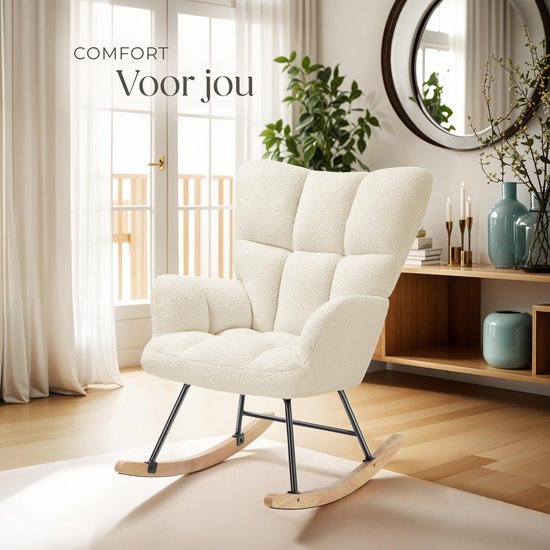 tectake Schaukelstuhl Torve - Gepolsterter Bouclé-Stoff-Schaukelstuhl im Scandi-Stil - Entspannungssessel mit Holzgleitern, weicher Polsterung und hoher Rückenlehne für optimalen Komfort - 70 x 96 x 97 cm - Beige