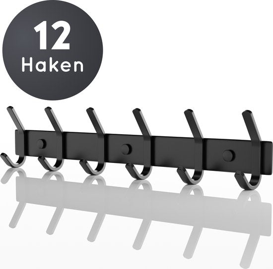 Volcan Wandgarderobe - 12 Haken - Edelstahl - Wandgarderobe zum Aufhängen - Industriell - 3M-Band - Schwarz