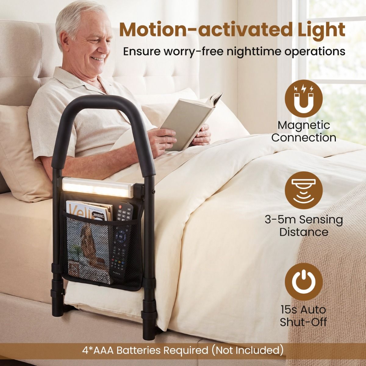 Coast Bettgitter mit Sicherheitsgriff – LED-Nachtlicht mit Bewegungssensor – Staufach – Schwarz