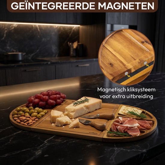 Villux Tapas-Brett – Snackbrett – Servierbrett – Käsebrett – Häppchenbrett – Tapas-Brett aus Akazie – Magnetisches Snackbrett – Inklusive E-Book – 66 cm