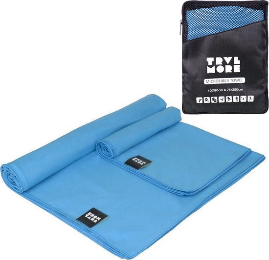 TRVLMORE Mikrofaser-Reisehandtuch-Set - 2 Stück - Klein (40 x 80 cm) & Groß (76 x 150 cm) - Mikrofaser - Blau