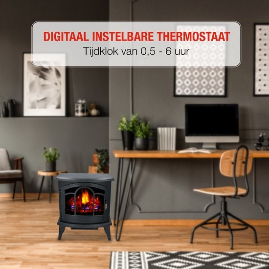 Alpina Electric Vicenza - Atmosphärischer Kamin - Fernbedienung und Timer - LED Flammen - 2000W - Schwarz - Mit Heizung