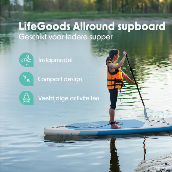 LifeGoods SUP Board All-round Compact - 100 KG Belastbarkeit - 300 x 76 cm - Aufblasbar - Komplettes SUP Paket - Weiß/Himmelblau