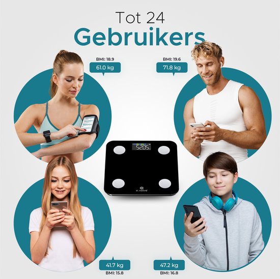 e.volve Waage Personenwaage Digital - 20 Messungen - Intelligente Waage mit Körperanalyse - Farbbildschirm - Präzisionswaage - Waage - Digitalwaage - Inkl.