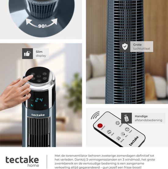 tectake® Turmventilator Arktis – Großer Standventilator mit Fernbedienung – 3 Stufen – Timer – 90°-Schwenkfunktion – Oszillierend – Lüfterflügel – Säulenventilator – Anthrazit